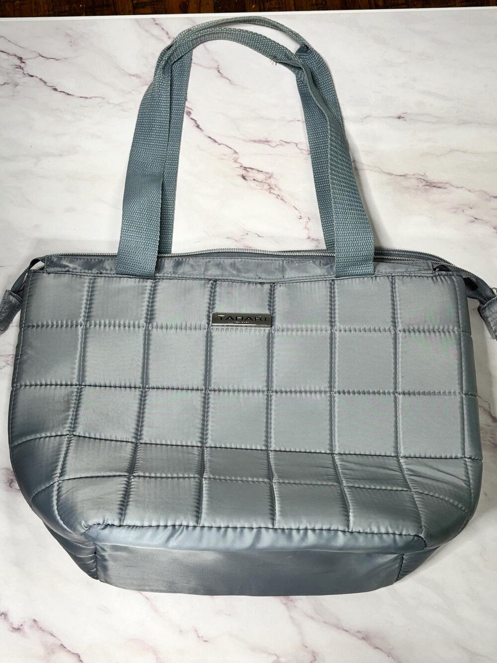 Tahari Travel Tote Bag Large Quilted Pattern Trolley Strap Gray Coal Pocketbook